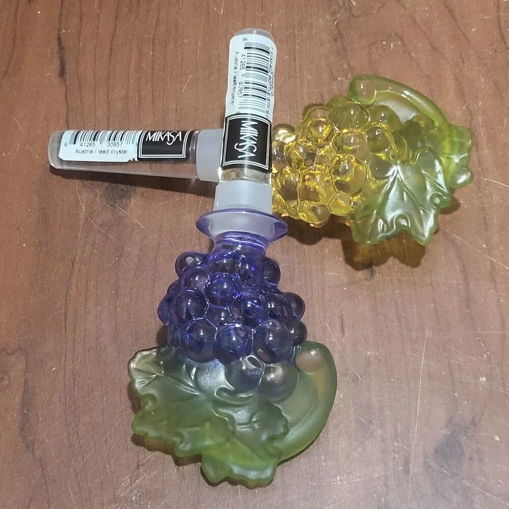 Mikasa Crystal Glass Grapes Bottle Stoppers Decanter Set of 2 NIB